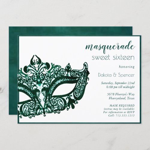 Masquerade Green Mask  Mardi Gras Theme Sweet 16 Invitation