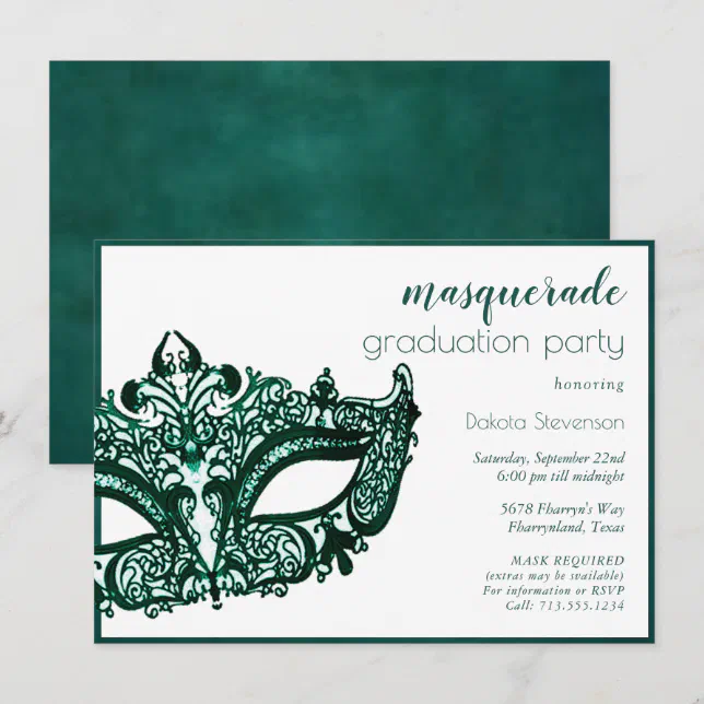 Masquerade Green Mask | Vibrant Emerald Graduation Invitation | Zazzle
