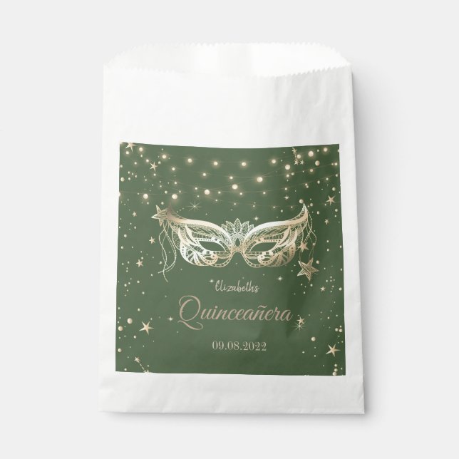 Masquerade, Green Stars Quinceañera  Favor Bag (Front)