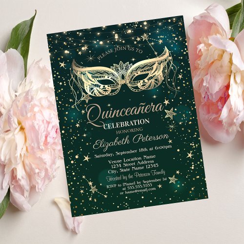 MasqueradeGreen Stars  Quinceaera  Invitation