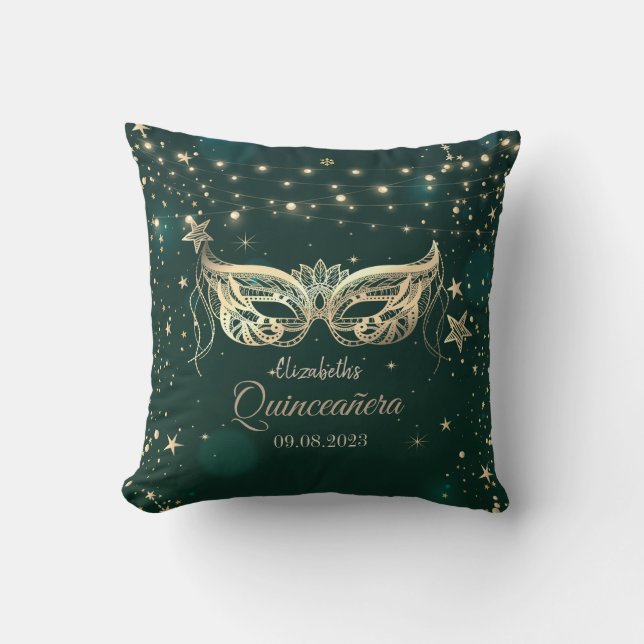 Masquerade, Green Stars  Quinceañera   Throw Pillow (Front)