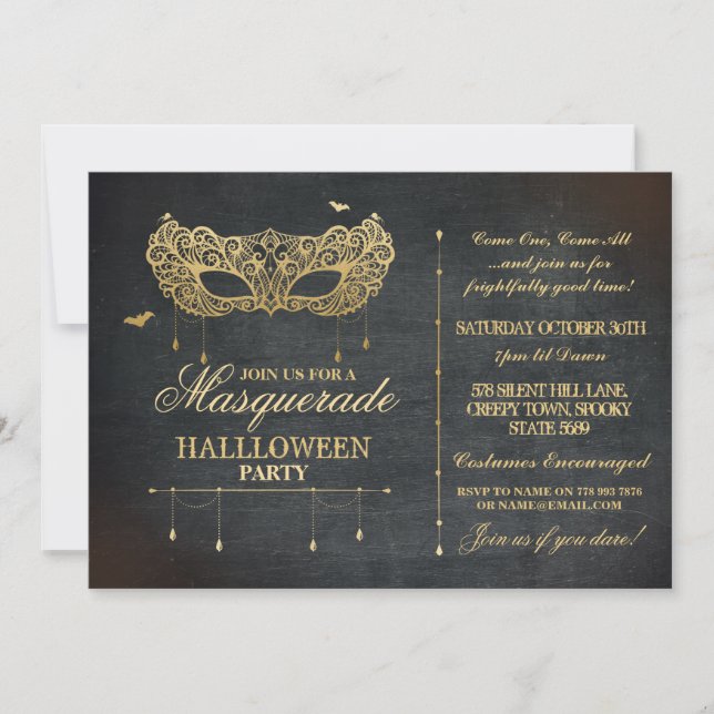 Masquerade Halloween Party Invite Gold Black Ball (Front)