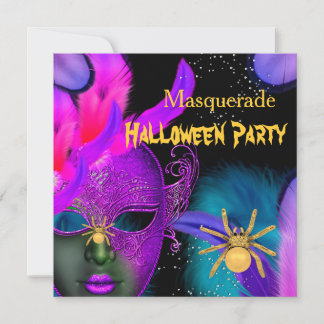 Masquerade Halloween Party Pink Teal Masks Spider Invitation