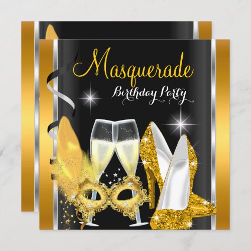 Masquerade Hi Heels Gold Black Champagne Party 2d Invitation