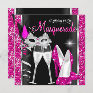 Masquerade Hi Heels Pink Black Champagne Party 2c Invitation