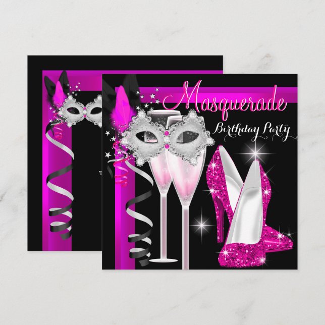 Masquerade Hi Heels Pink Black Champagne Party 3c Invitation (Front/Back)