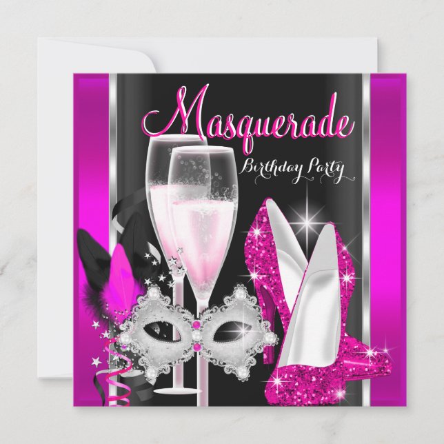 Masquerade Hi Heels Pink Black Champagne Party 3d Invitation (Front)