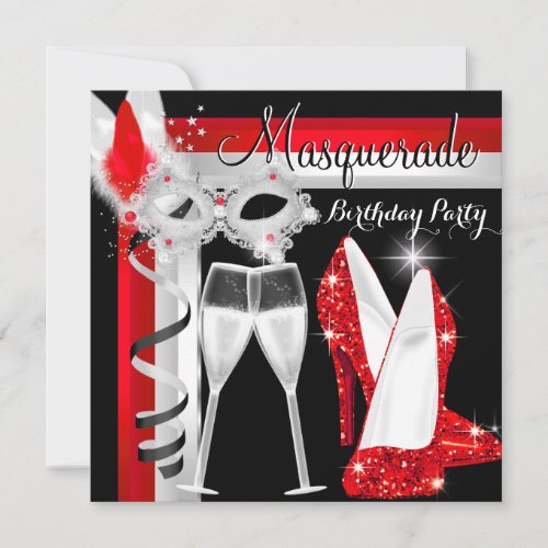 Masquerade Hi Heels Red Black Champagne Party Invitation