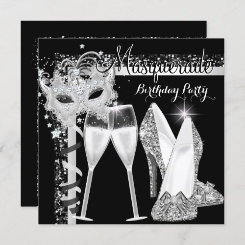 Masquerade Hi Heels Silver Black Champagne Party 2 Invitation