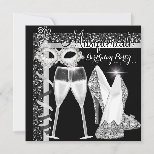 Masquerade Hi Heels Silver Black Champagne Party Invitation