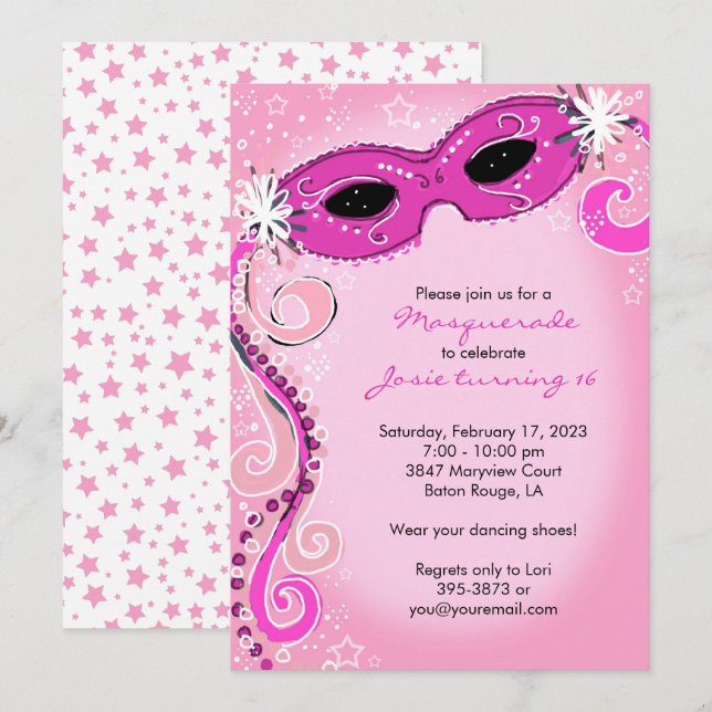 Masquerade Invitation: Pink Sweet 16 Ball  Invitation (Front/Back)