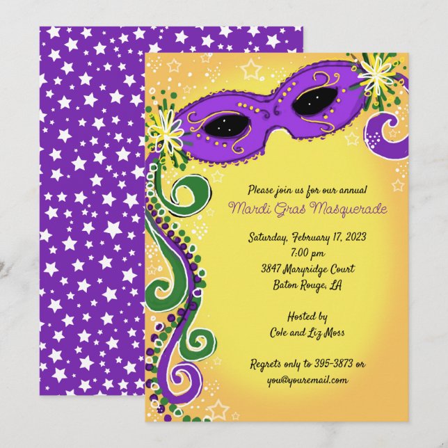 Masquerade Invitations: Purple Yellow Mardi Gras Invitation (Front/Back)