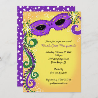 Masquerade Invitations: Purple Yellow Mardi Gras Invitation