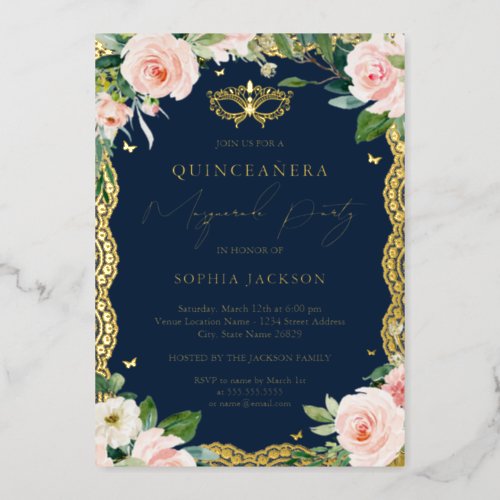 Masquerade Lace Blush Floral Navy Quinceanera  Foil Invitation