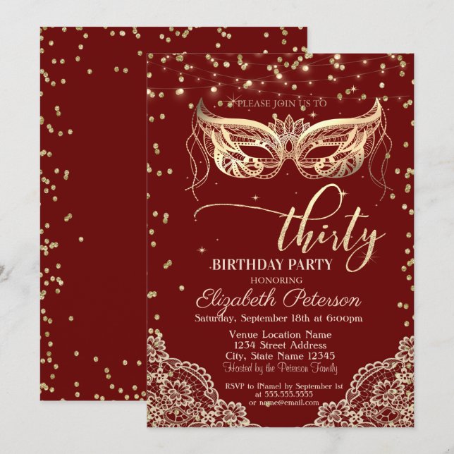 Masquerade, Lace, Diamonds 30th Birthday Party Invitation (Front/Back)