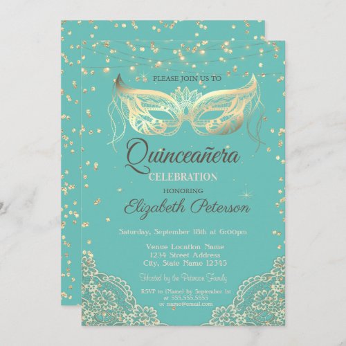 Masquerade Lace Diamonds Mint Green Quinceaera  Invitation