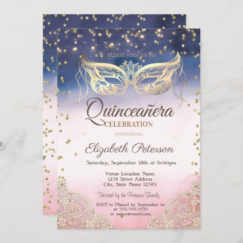 Masquerade Lace Diamonds Ombre Quinceaera Invitation