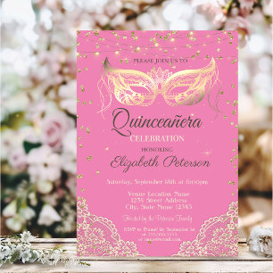 Masquerade, Lace, Diamonds Pink Quinceañera Invitation