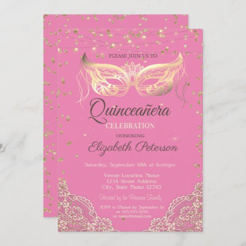 Masquerade Lace Diamonds Pink Quinceaera Invitation