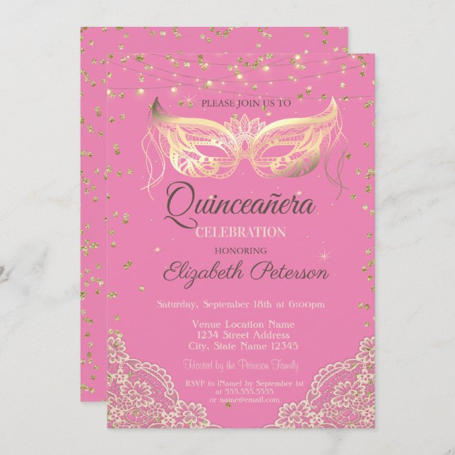 Masquerade, Lace, Diamonds Pink Quinceañera Invitation (Front/Back)