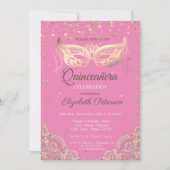 Masquerade, Lace, Diamonds Pink Quinceañera Invitation (Front)