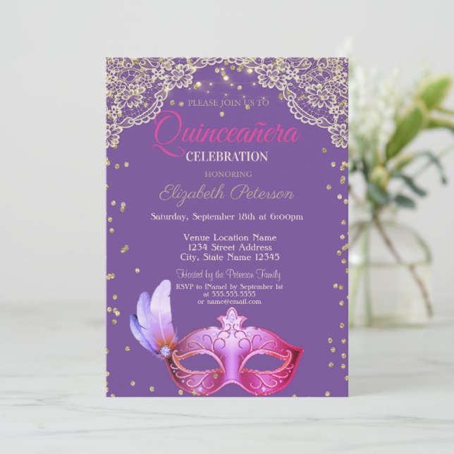 Masquerade, Lace, Diamonds Quinceañera  Invitation (Standing Front)