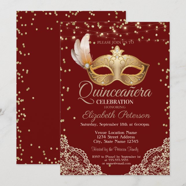 Masquerade, Lace, Diamonds Red Quinceañera  Invitation (Front/Back)