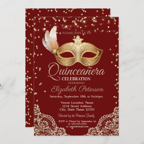 Masquerade Lace Diamonds Red Quinceaera  Invitation