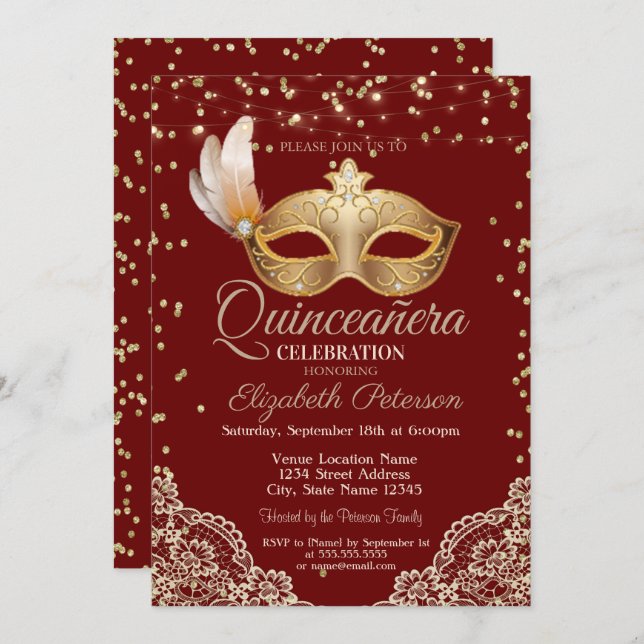 Masquerade, Lace, Diamonds Red Quinceañera  Invitation (Front/Back)