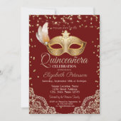 Masquerade, Lace, Diamonds Red Quinceañera  Invitation (Front)