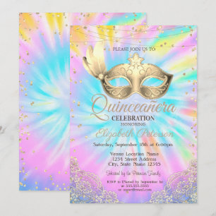 Masquerade, Lace, Diamonds Tie Dye Quinceañera   Invitation