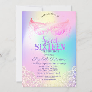 Masquerade,Lace Holographic Sweet 16 Invitation