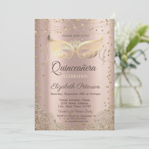 Masquerade Lace Rose Gold Quinceaera   Invitation