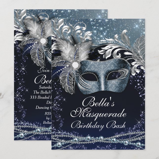 Masquerade Mardi Gras Birthday Party Invitations (Front/Back)