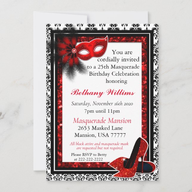 Masquerade Mardi Gras Carnival Red Glitter Invitation (Front)