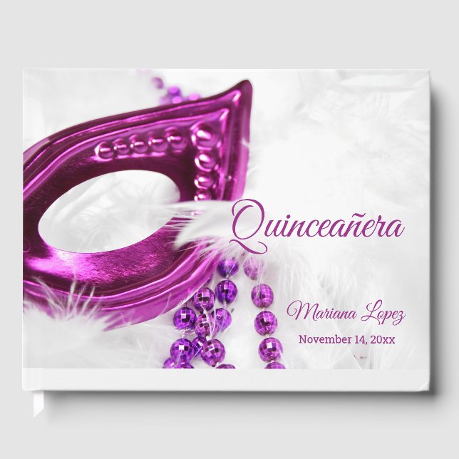 Masquerade Mask and White Feathers Guest Book (Front)