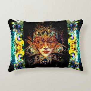 Masquerade mask ball beauty black teal gold accent pillow