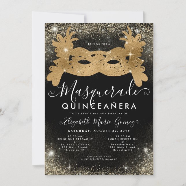 Masquerade Mask Black Gold Glitter Quinceanera Invitation (Front)