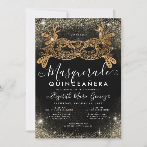 Masquerade Mask Black Gold Glitter Quinceanera Invitation