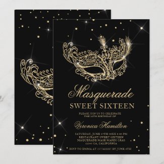 Masquerade mask black gold glitter Sweet 16 Invitation