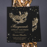 Masquerade mask black gold glitter Sweet 16 Invitation<br><div class="desc">A modern,  chic and glamorous sweet sixteen with a hand drawn gold glitter masquerade mask with gold glitter diamond sparkles on an editable black background.</div>