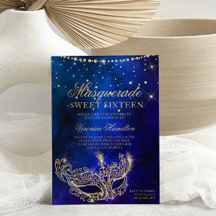 Masquerade mask blue gold glitter Sweet 16 Invitation