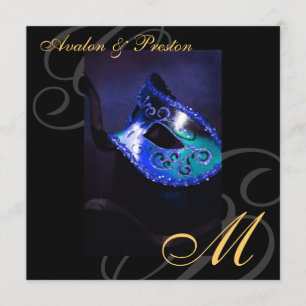 Masquerade Mask Blue Swirl Wedding Invitation