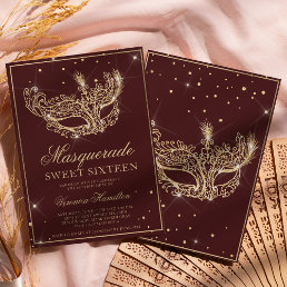 Masquerade mask burgundy gold glitter Sweet 16 Invitation