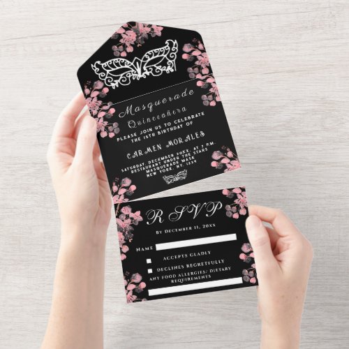 Masquerade Mask Cherry Blossom Pink Quinceanera All In One Invitation