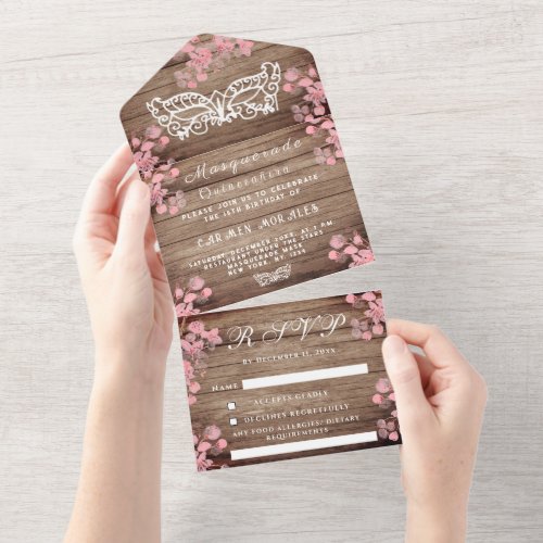 Masquerade Mask Cherry Blossom Wood Quinceanera All In One Invitation