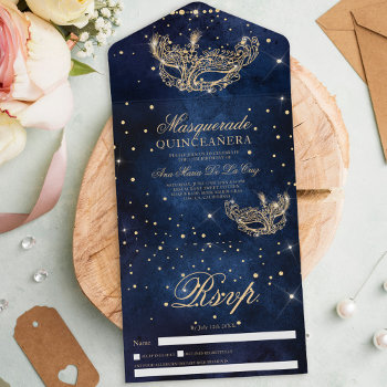 Masquerade Mask Chic Gold Glitter Quinceanera All In One Invitation by girly_trend at Zazzle