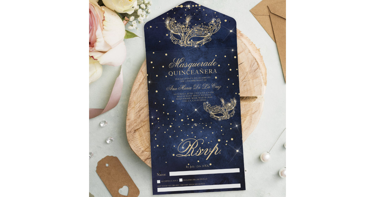 Navy Quinceanera Invitations, Gold and Blue Glitter Quinceanera