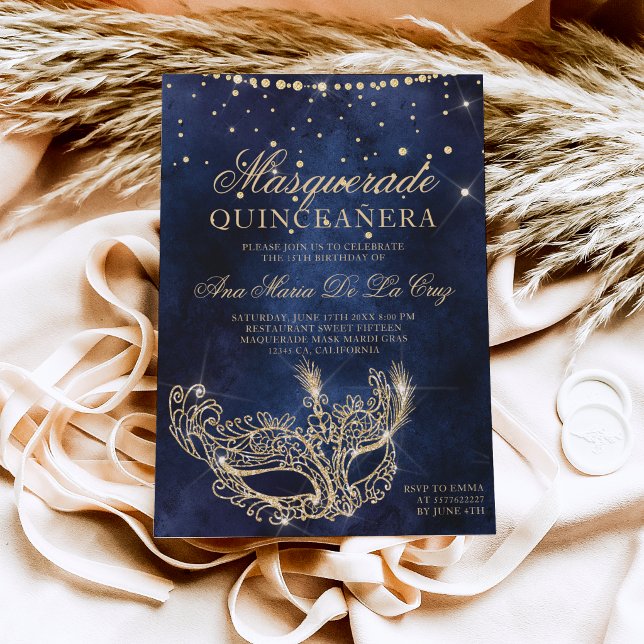 Masquerade mask chic gold glitter quinceanera invitation