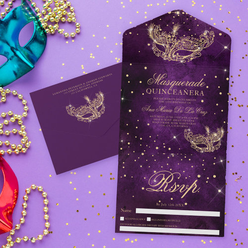 Masquerade mask chic gold glitter quinceanera plum